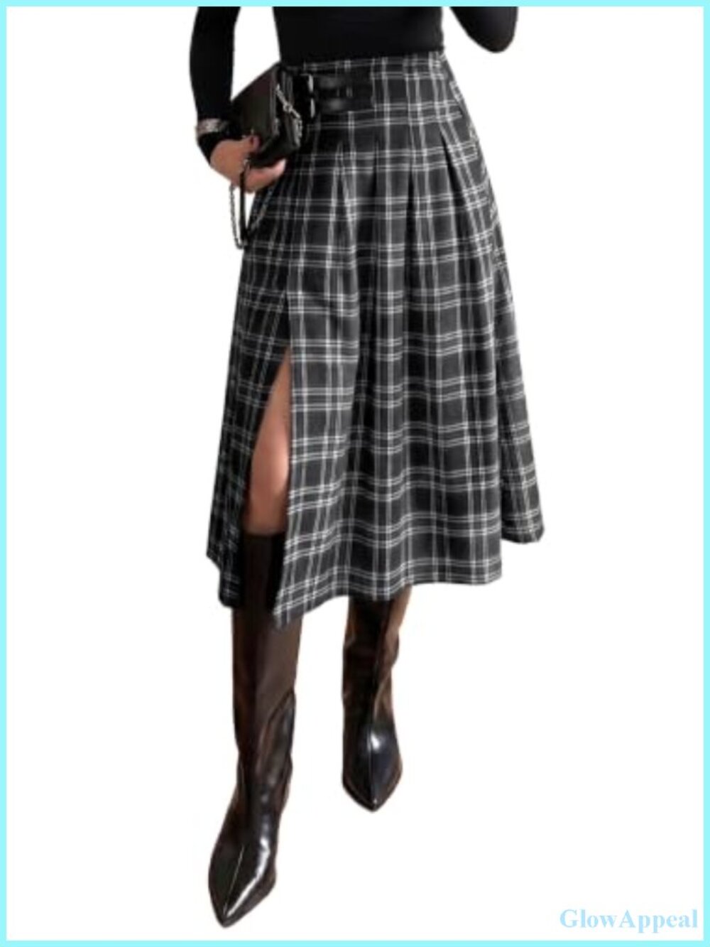 High Waist Side Slit Plaid Midi Skirt A-Line with Pockets